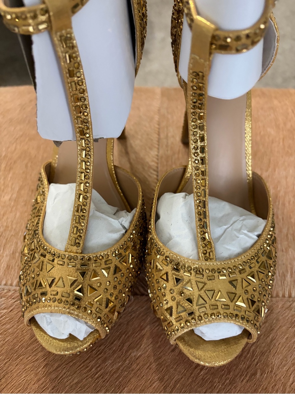 Thalia Sodi Gold Embellished T-Strap Women's Heels
